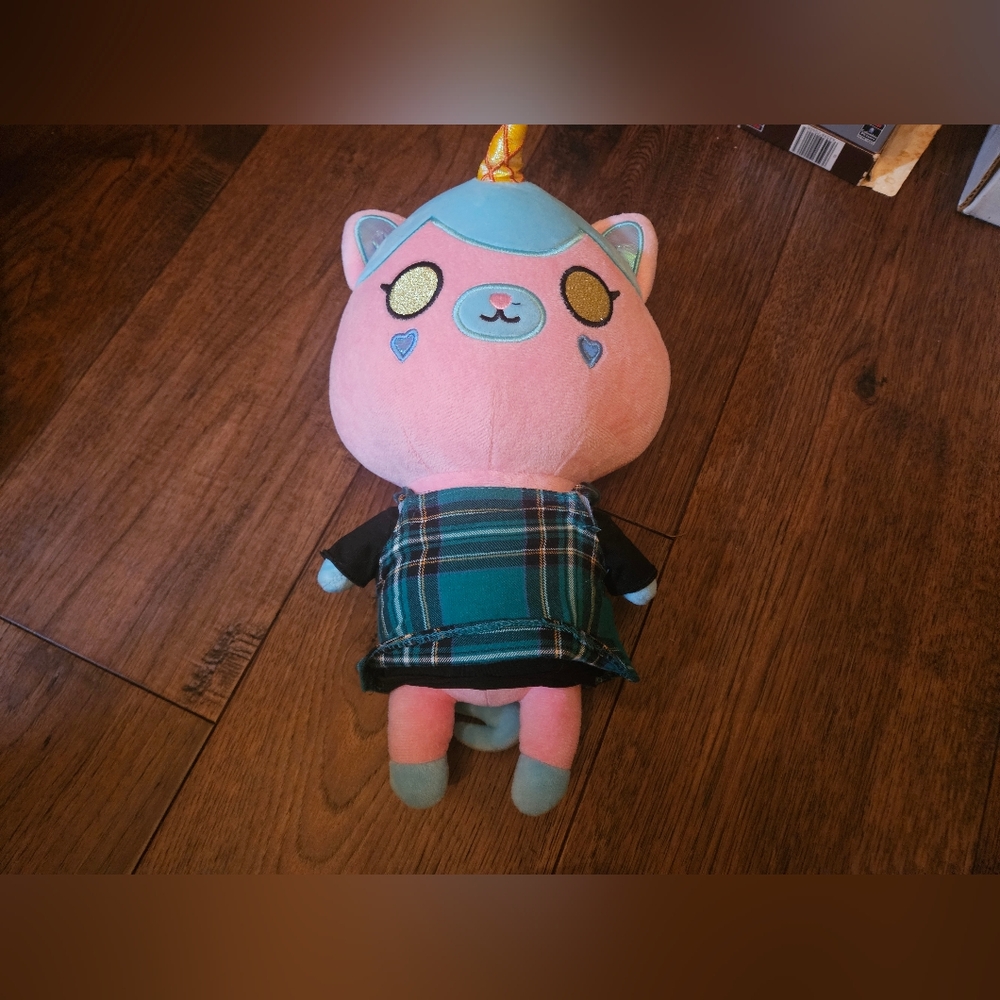 Krew District Rainbow Teddy in Plaid Dress 13” Plush Toy Pink Blue Used Conditio